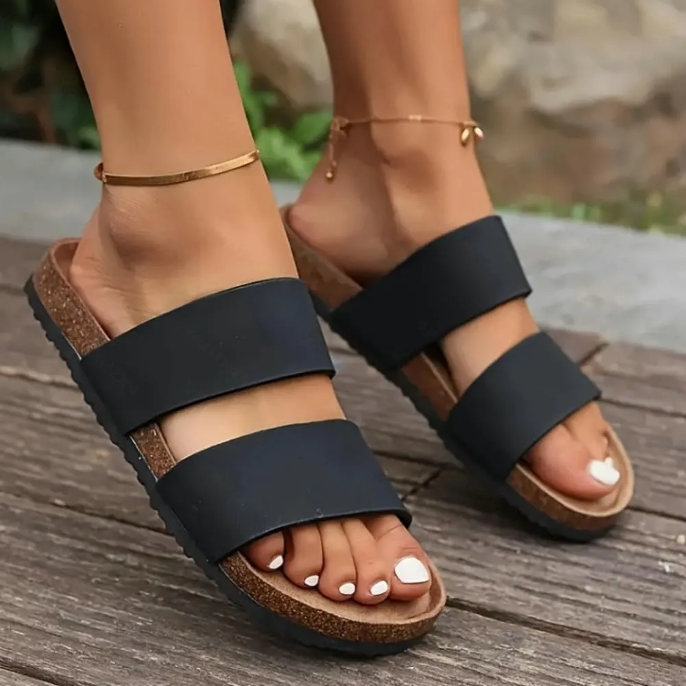 Caistre Slide Sandals for Women Summer Arch Support Summer Beach Flat Sandal Two Strap Vegan Leather Walking Slides 2025
