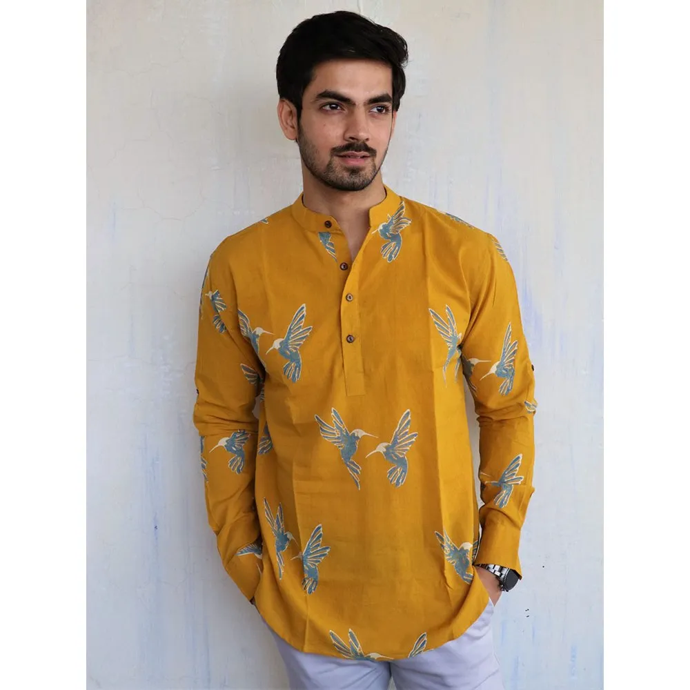 Chidiyaa Mustard Fly on Block Printed Mens Shirt