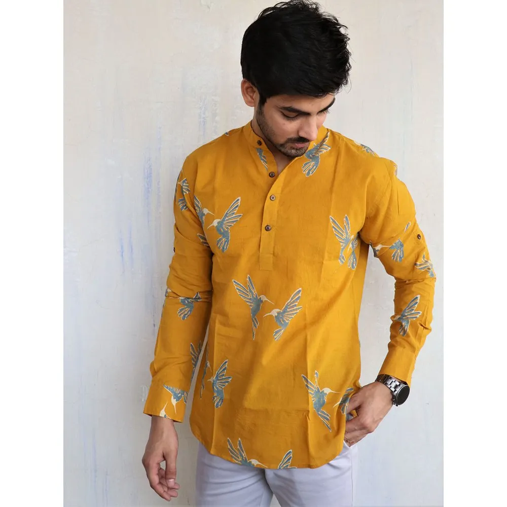 Chidiyaa Mustard Fly on Block Printed Mens Shirt