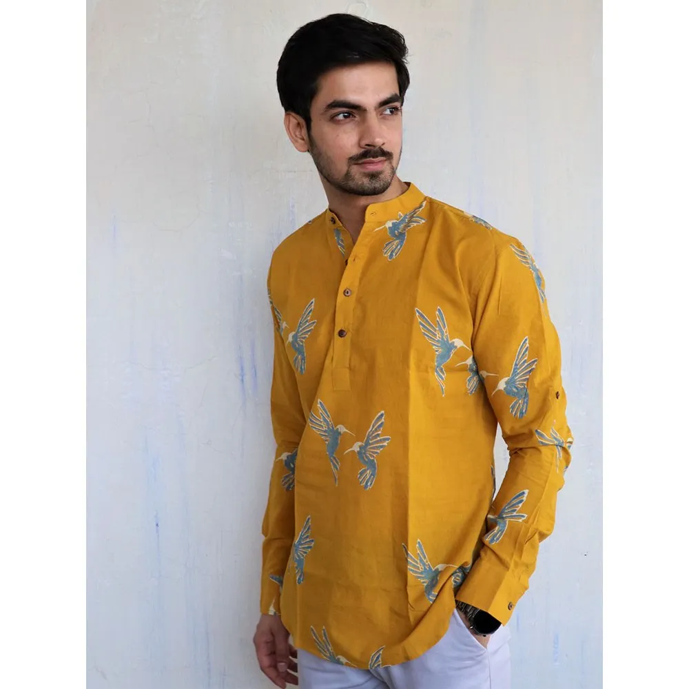 Chidiyaa Mustard Fly on Block Printed Mens Shirt