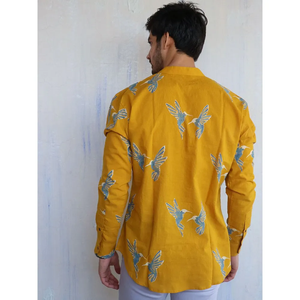 Chidiyaa Mustard Fly on Block Printed Mens Shirt