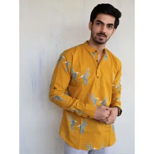 Chidiyaa Mustard Fly on Block Printed Mens Shirt
