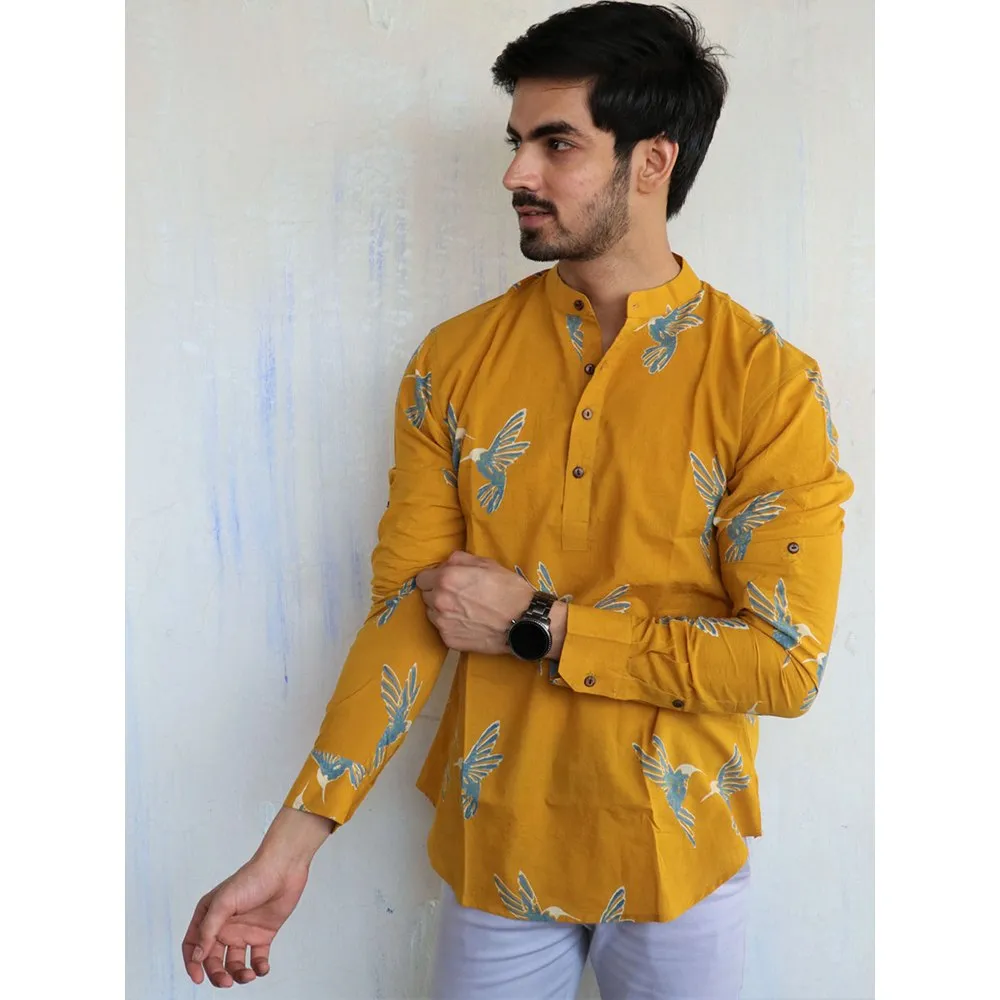 Chidiyaa Mustard Fly on Block Printed Mens Shirt