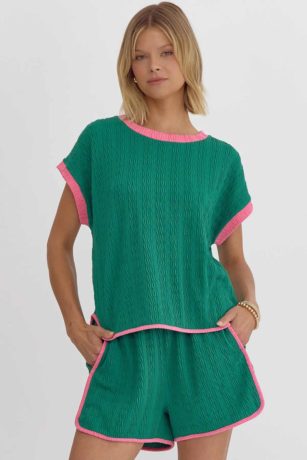 Entro Textured Green With Pink Trim High Waisted Shorts