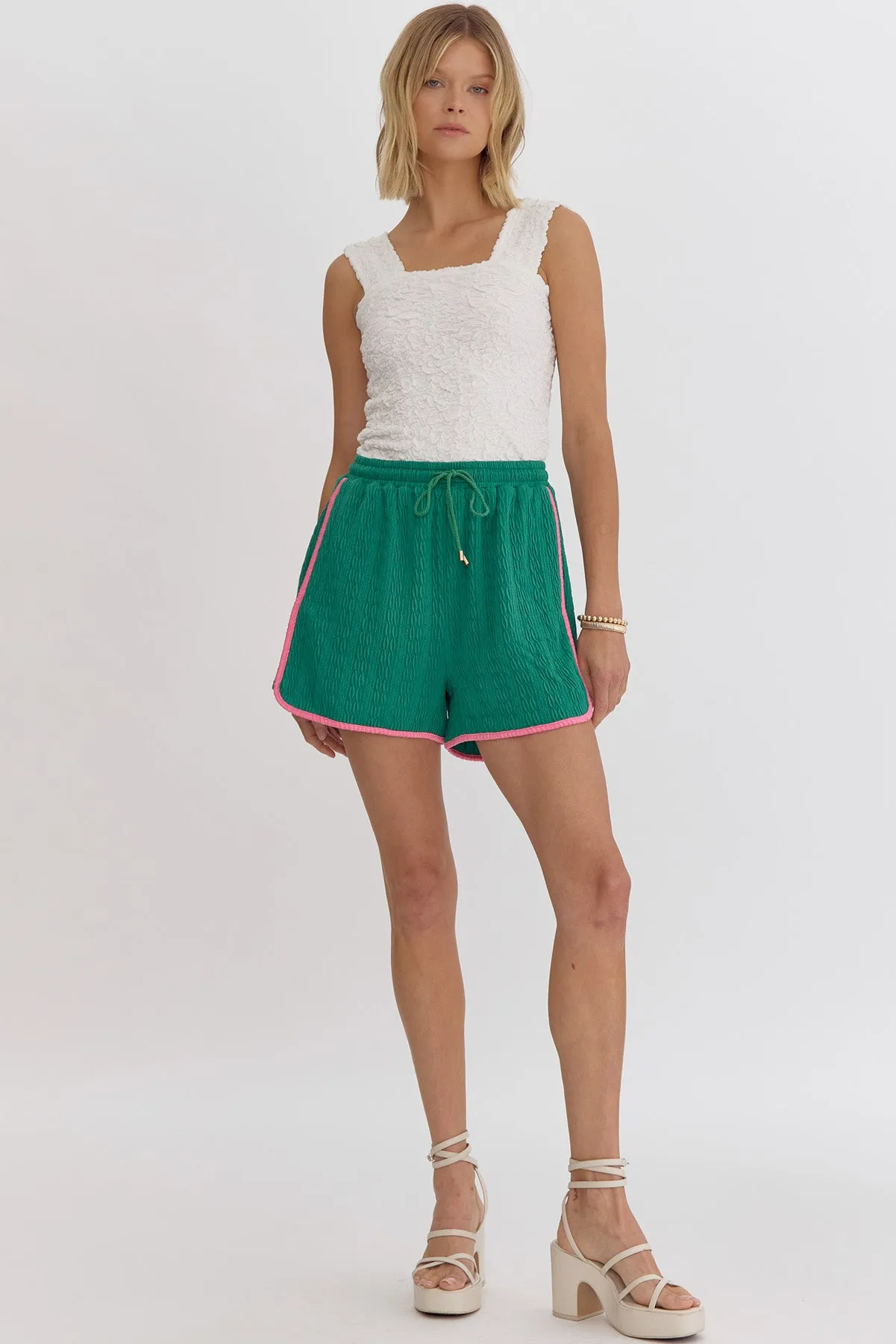 Entro Textured Green With Pink Trim High Waisted Shorts