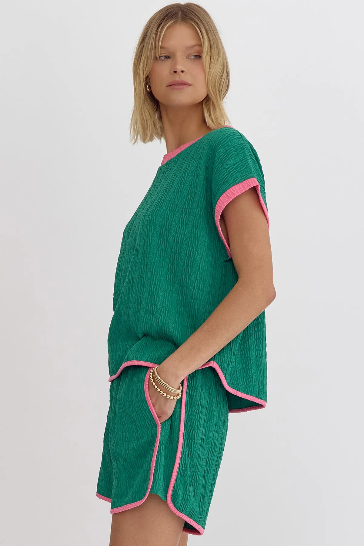 Entro Textured Green With Pink Trim High Waisted Shorts