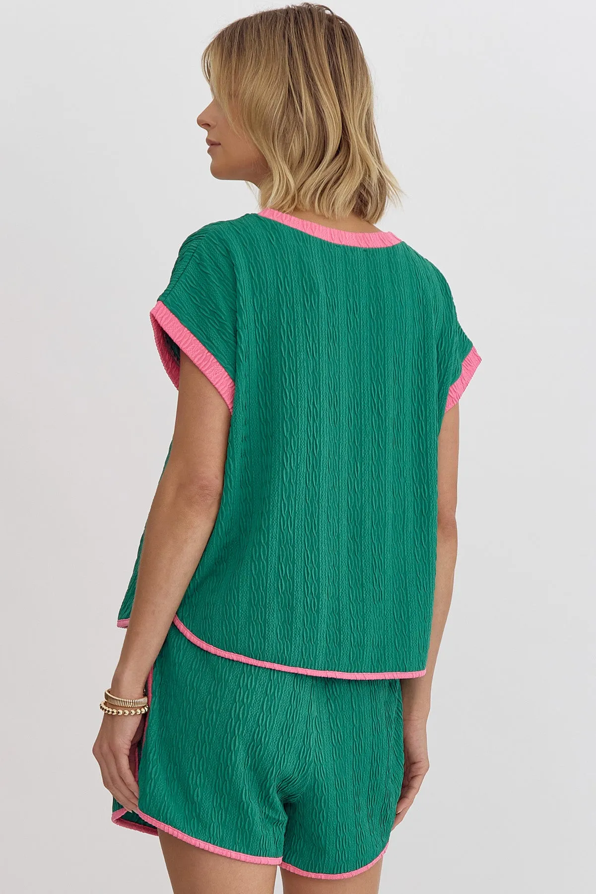 Entro Textured Green With Pink Trim High Waisted Shorts