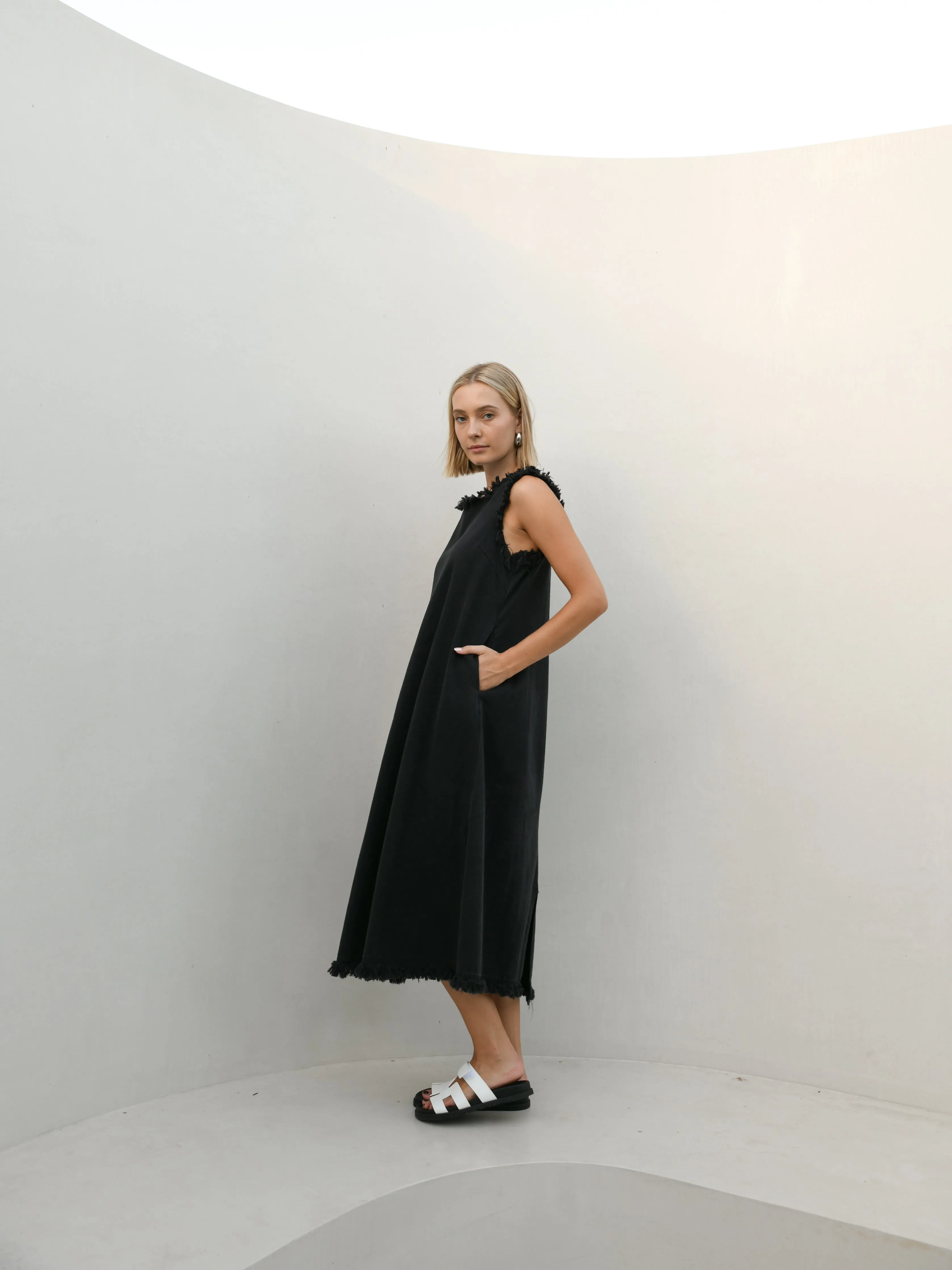 Masion Frayed Edge Dress - Black