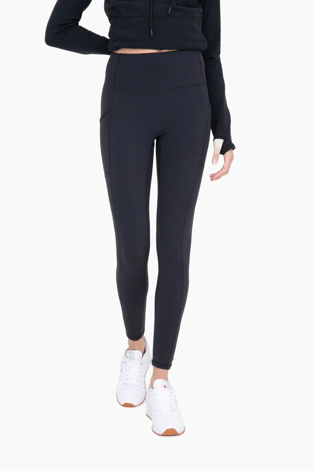 Mono B Bronze Newport No Front Seam Lycra Blend Swoop Leggings In Black