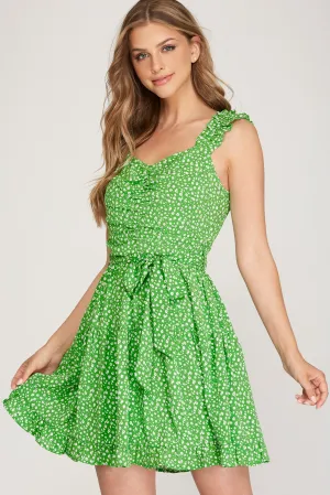 She And Sky Ruffle Sleeve Green Floral Print Dress With Waist Sash