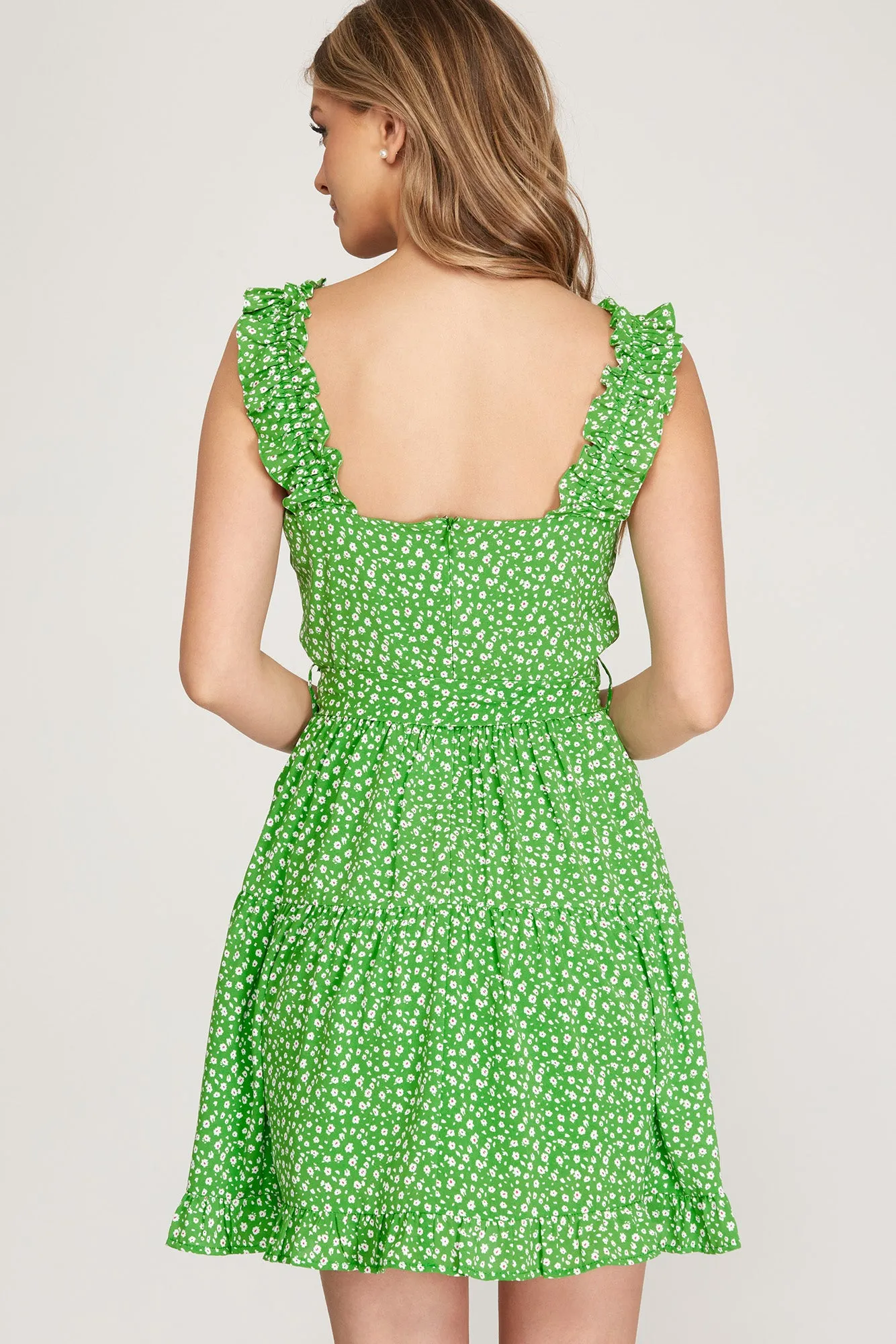 She And Sky Ruffle Sleeve Green Floral Print Dress With Waist Sash