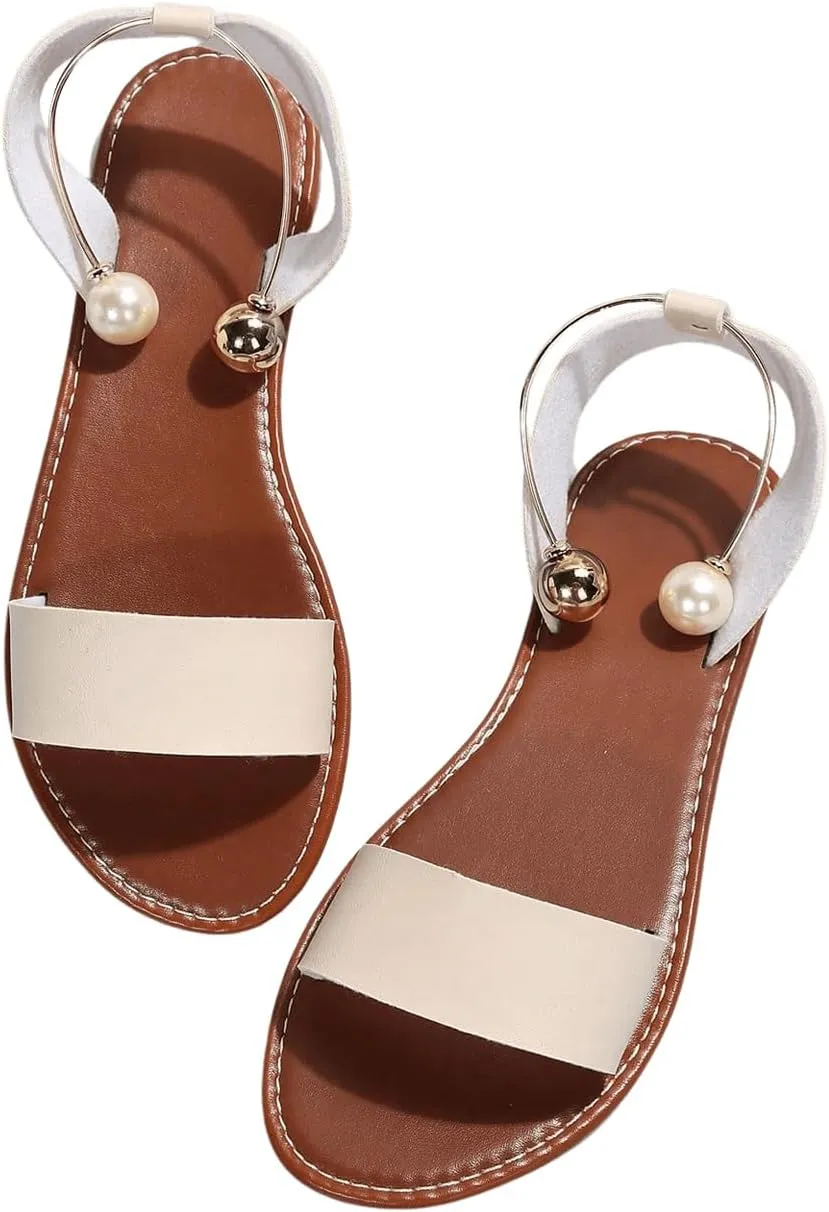 Verdusa Women's Open Toe Flat Summer Slide Sandals with Ankle Strap Beige 9.5