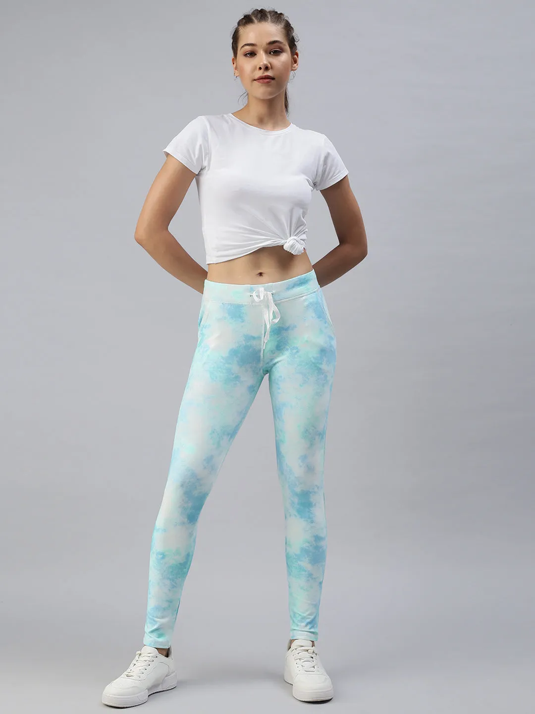 Women Blue Printed Slim Fit Cotton Track Pants