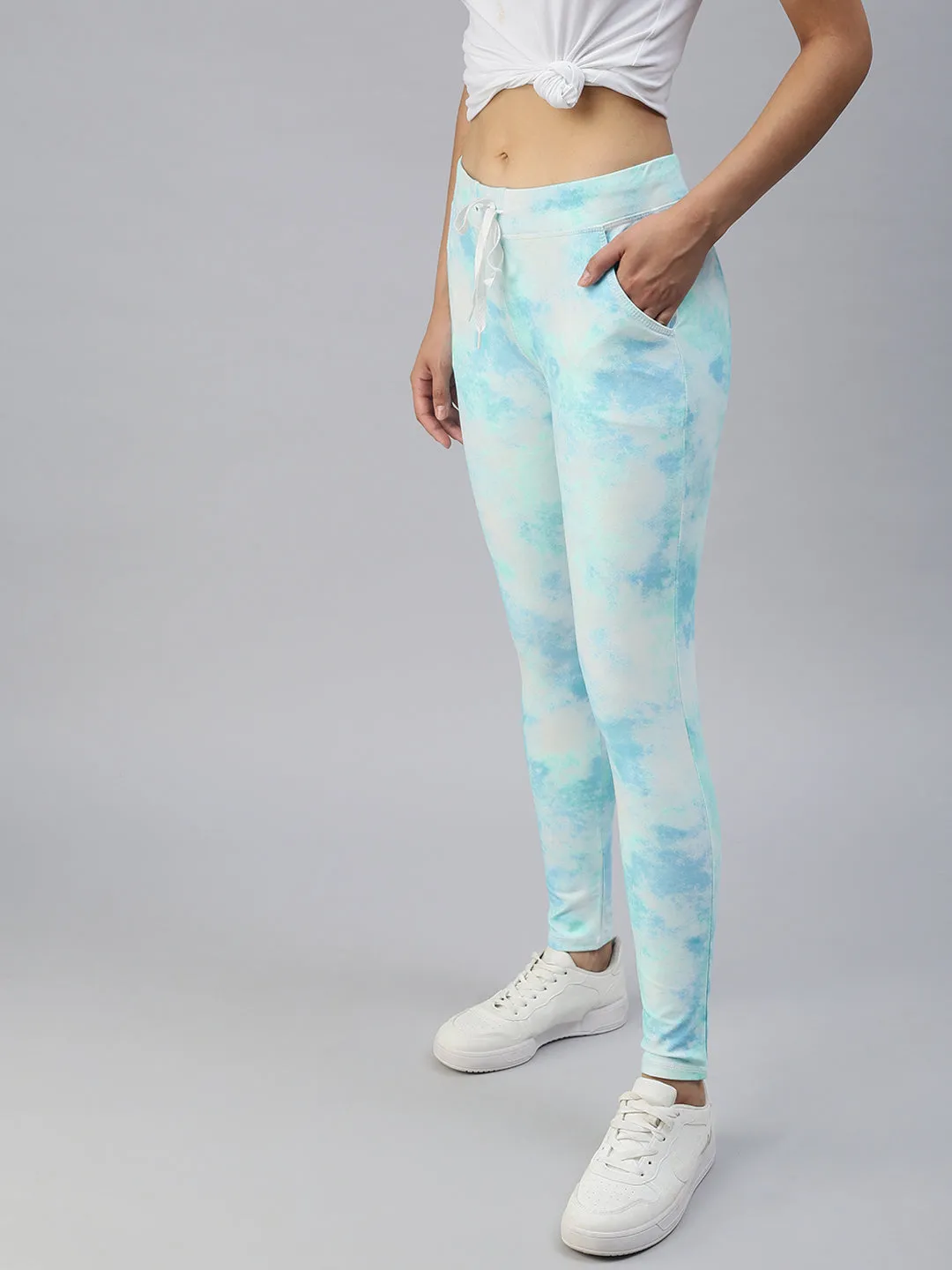 Women Blue Printed Slim Fit Cotton Track Pants