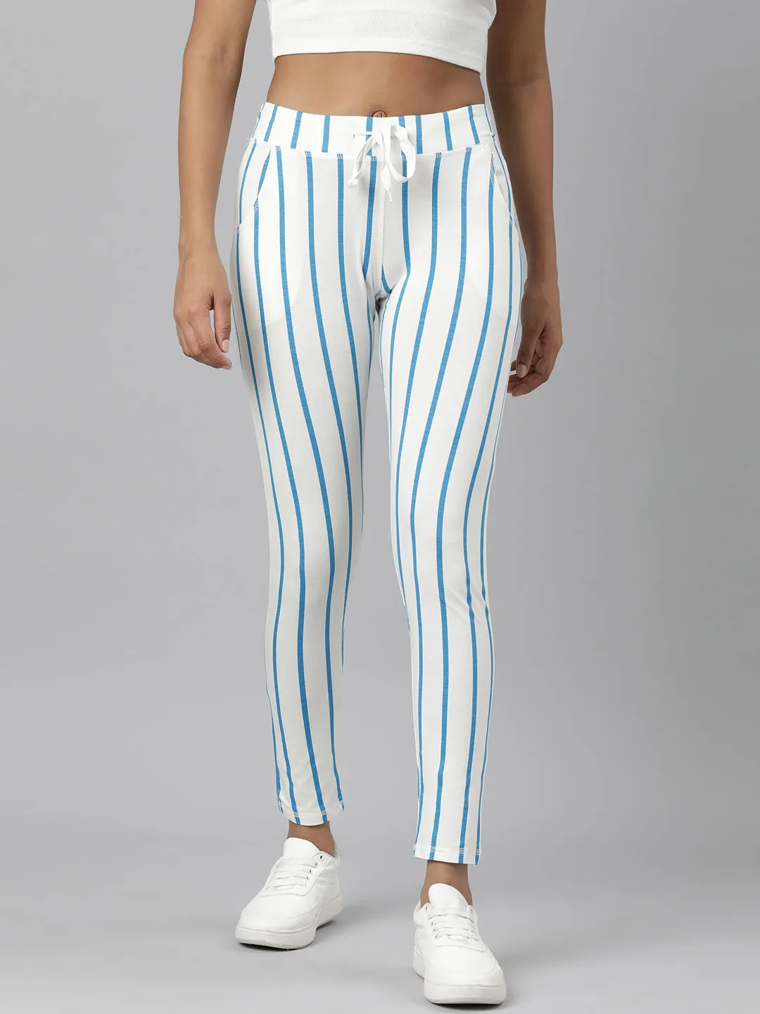 Women Blue Slim Fit Striped Track Pant