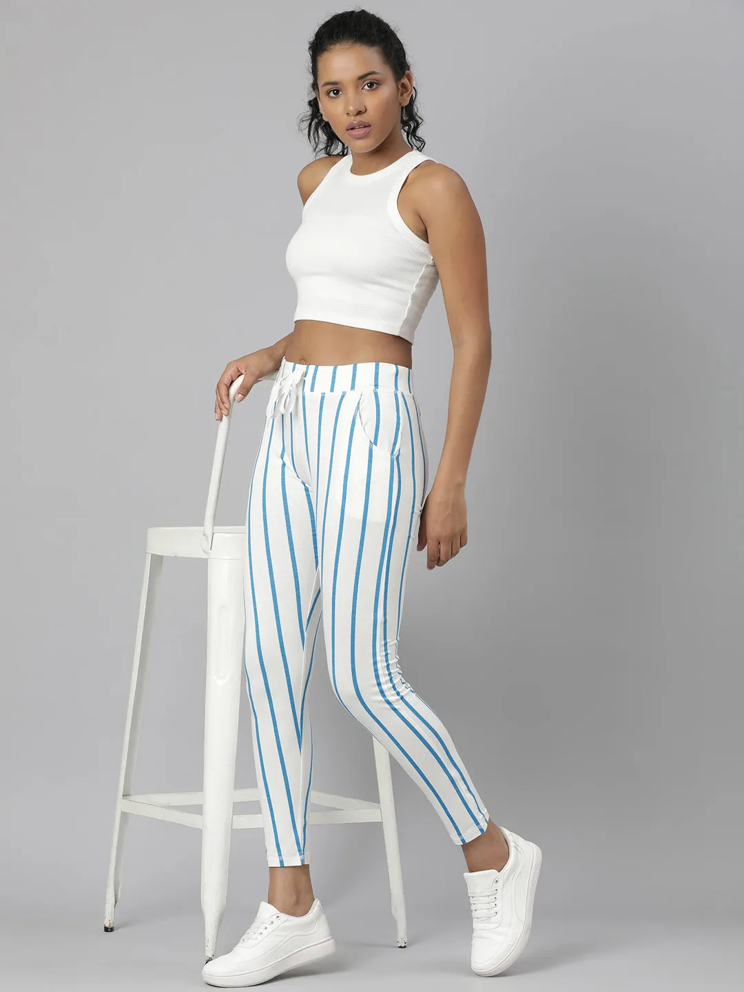 Women Blue Slim Fit Striped Track Pant