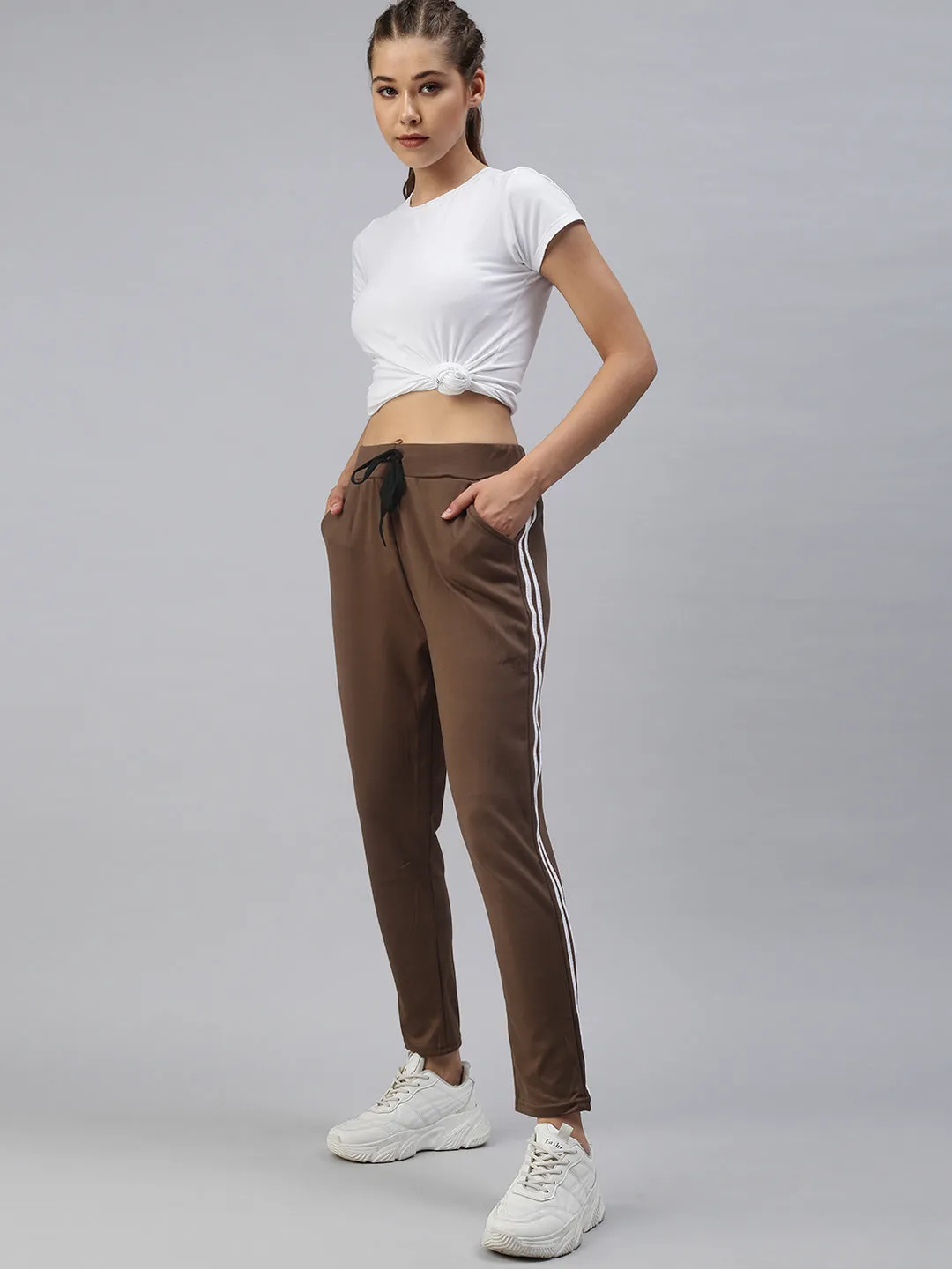 Women Brown Slim Fit Side Striped Track Pants