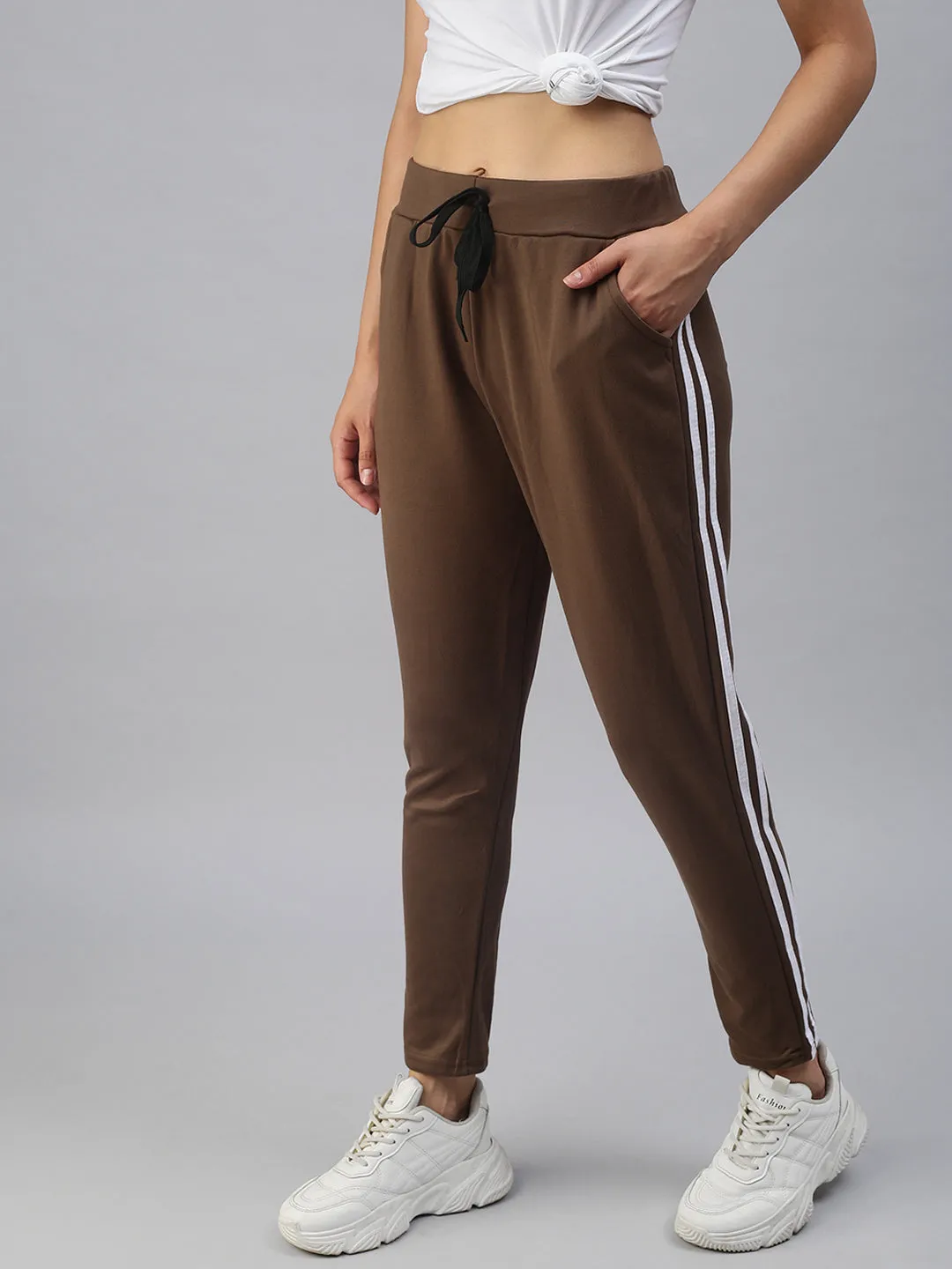 Women Brown Slim Fit Side Striped Track Pants