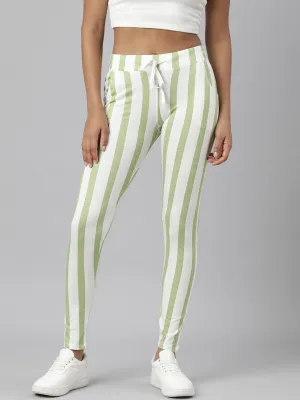 Women Green Slim Fit Striped Track Pant