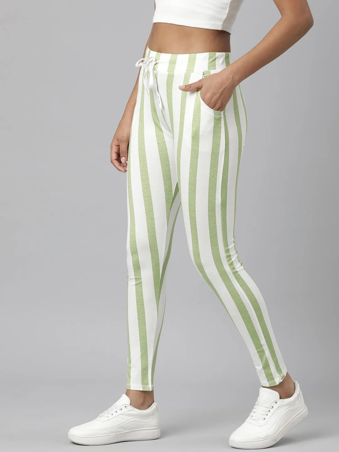 Women Green Slim Fit Striped Track Pant